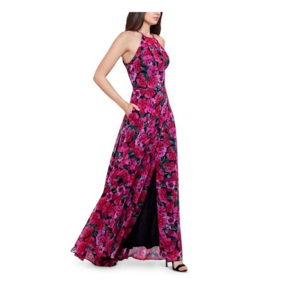 betsy & adam floral-print chiffon halter gown PINK  size 6 BNWT